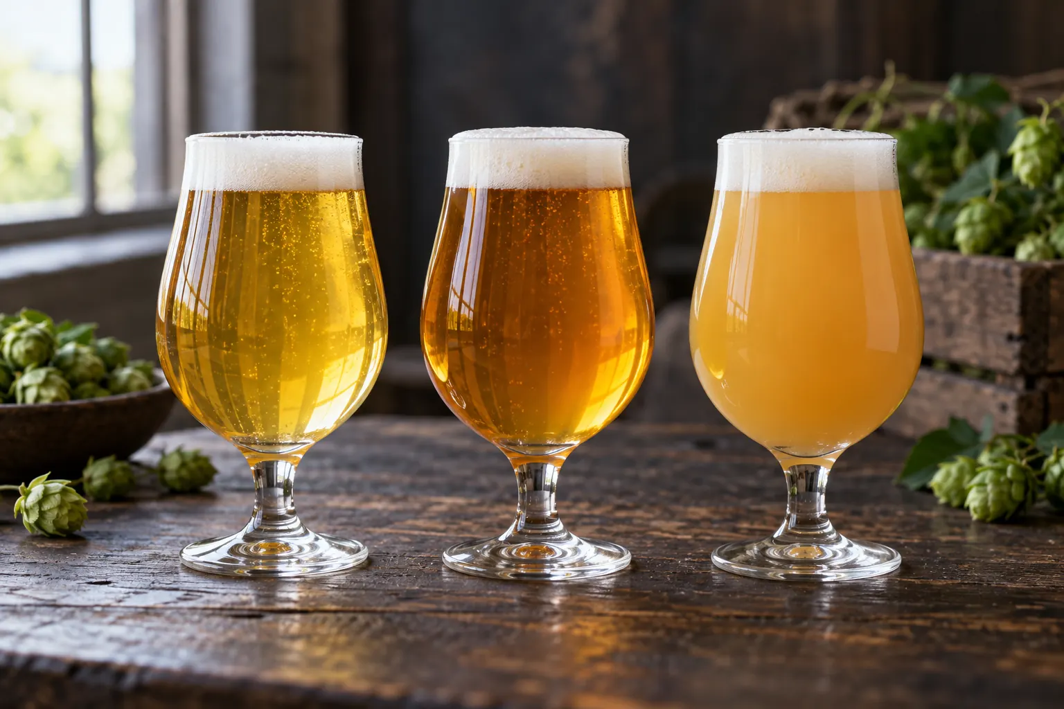 Tři sklenice světlého piva s různou barvou a zákalem – ilustrace APA, IPA a NEIPA